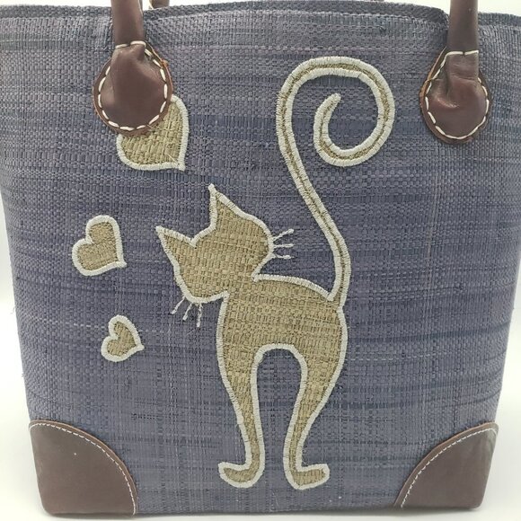 Denim Canvas Straw Cat Hearts Drawstring Purse or Hand Bag - Picture 5 of 9